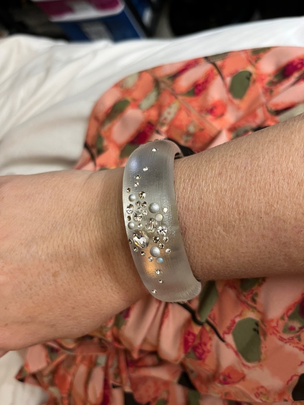 Alexis Bittar Frosted Clear Resin Bangle with Crystal and Pearl Cluster - Picture 7 of 9